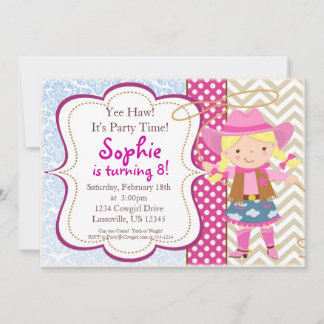 Blue Damask, Tan Zickzack Cowgirl Geburtstagsparty Einladung