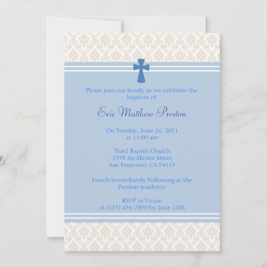 Blue Damask Taufen/Christening Einladung (Vorderseite)
