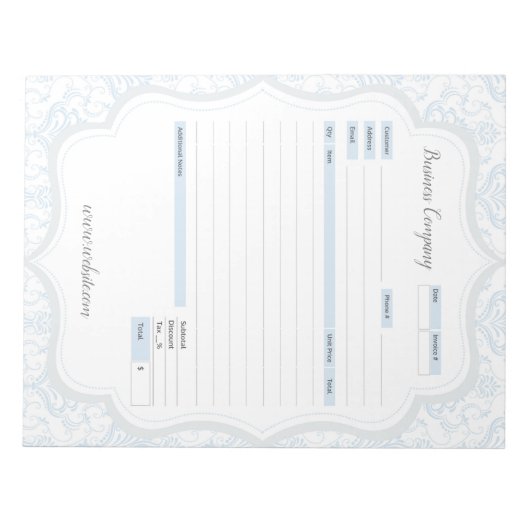 Blue Damask Theme Order Form und Anrufbemerkungs-E Notizblock (Vorderseite)