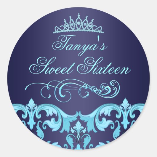 Blue Damask & Tiara Sweet 16 Umschlag Sticker/Sieg Runder Aufkleber (Vorderseite)