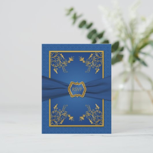 Blue Damask und Gold Floral Repair Card RSVP Karte (Stehend Vorderseite)