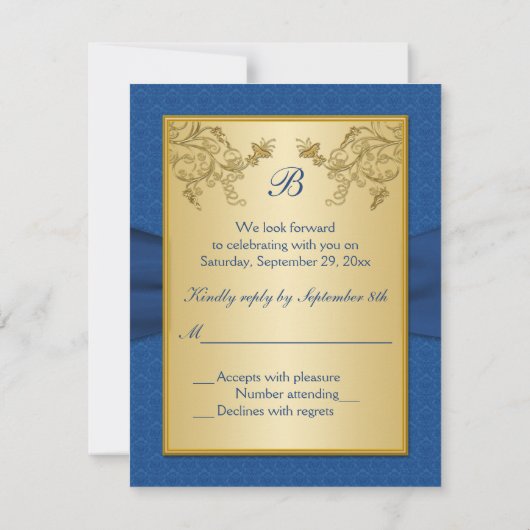 Blue Damask und Gold Floral Repair Card RSVP Karte (Rückseite)