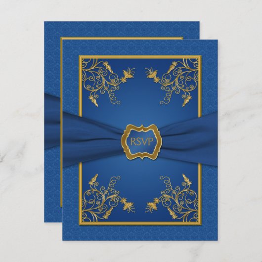 Blue Damask und Gold Floral Repair Card RSVP Karte (Vorne/Hinten)