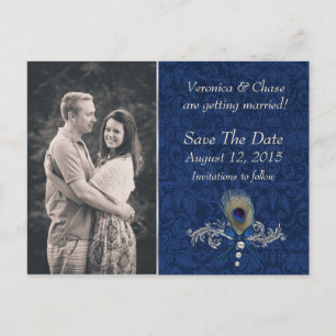 Blue Damask und Peacock Feather Save the Date Ankündigungspostkarte