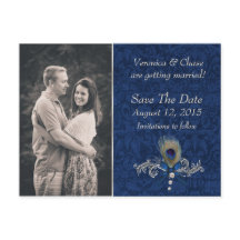 Blue Damask und Peacock Feather Save the Date