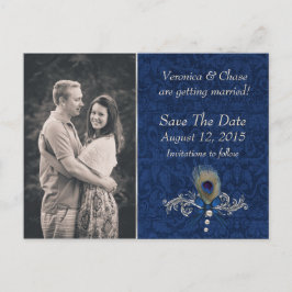 Blue Damask und Peacock Feather Save the Date Ankündigungspostkarte