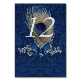Blue Damask und Peacock Feather Tischnummer Card
