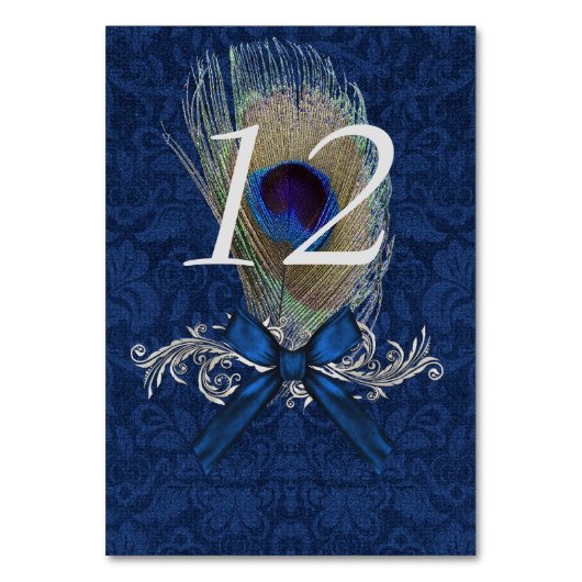 Blue Damask und Peacock Feather Tischnummer Card (Vorderseite)
