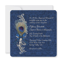 Blue Damask und Peacock Feather Wedding Einladung