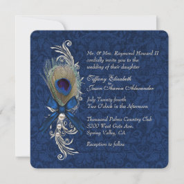 Blue Damask und Peacock Feather Wedding Einladung