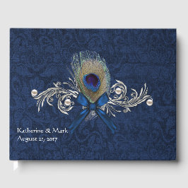 Blue Damask und Peacock Feather Wedding Gästebuch