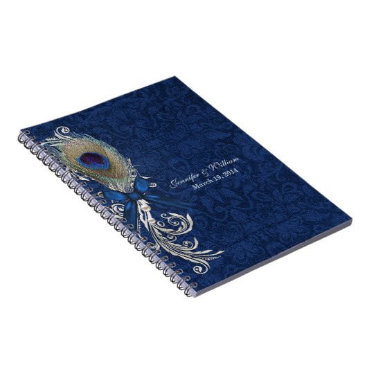 Blue Damask und Peacock Feather Wedding Notebook Notizblock (Rechte Seite)