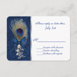 Blue Damask und Peacock Feather Wedding RSVP Karte