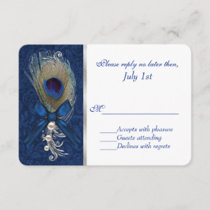 Blue Damask und Peacock Feather Wedding RSVP Karte