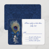 Blue Damask und Peacock Feather Wedding RSVP Karte (Vorne/Hinten)