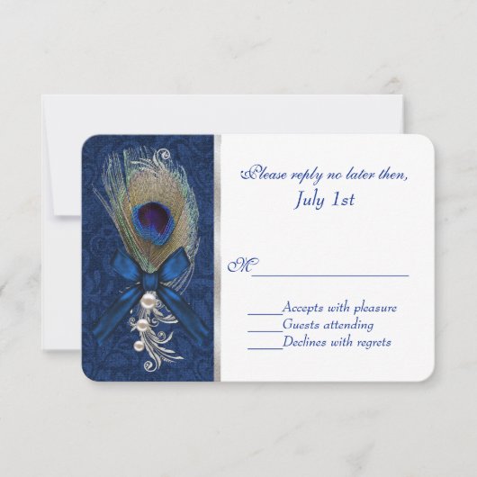 Blue Damask und Peacock Feather Wedding RSVP Karte (Vorderseite)