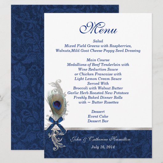 Blue Damask und Peacock Feather Wedding Table Menu Menükarte (Vorne/Hinten)