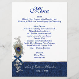 Blue Damask und Peacock Feather Wedding Table Menu Menükarte