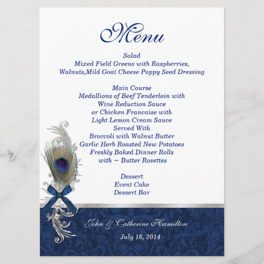 Blue Damask und Peacock Feather Wedding Table Menu Menükarte (Vorderseite)