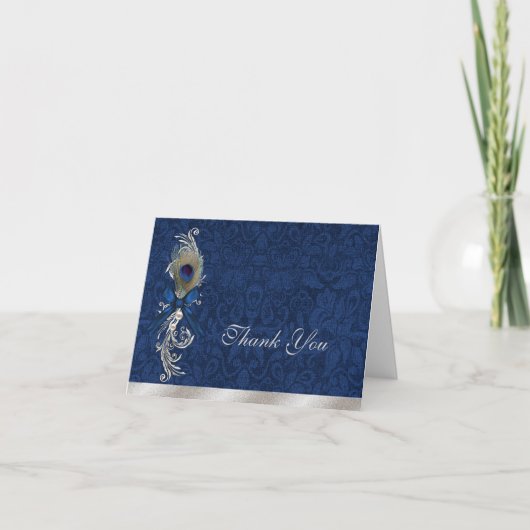 Blue Damask und Peacock Feather Wedding Vielen Dan Dankeskarte (Vorderseite)