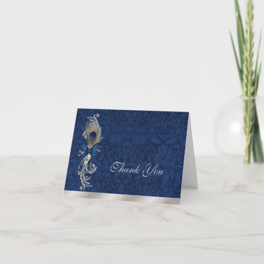 Blue Damask und Peacock Feather Wedding Vielen Dan Dankeskarte (Vorderseite)