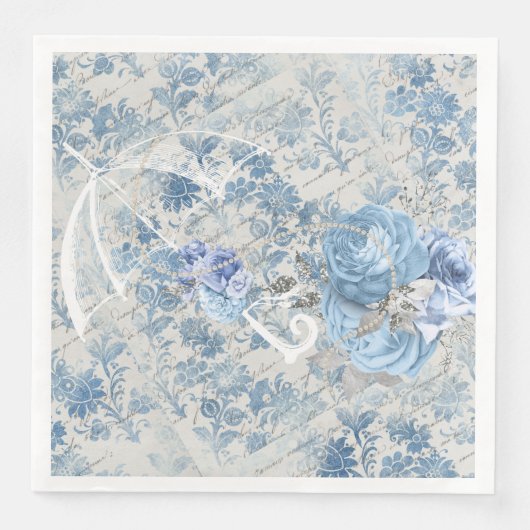 Blue Damask Viktorianisch Umbrella Ephemera Floral Serviette (Vorderseite)