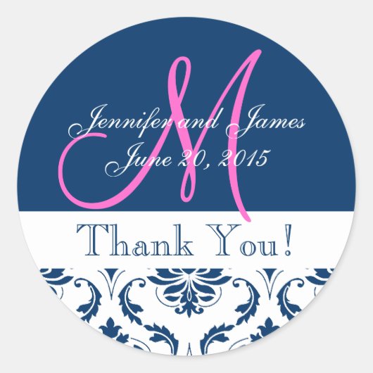 Blue Damask Wedding Danke Sticker (Vorderseite)