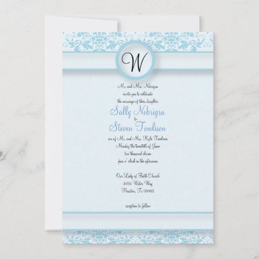 Blue Damask Wedding Einladung (Vorderseite)