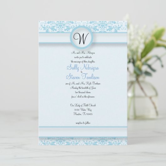 Blue Damask Wedding Einladung (Stehend Vorderseite)