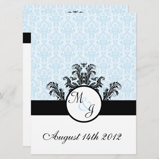 Blue Damask Wedding Einladung (Vorne/Hinten)