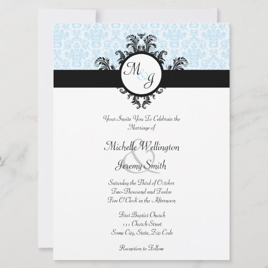 Blue Damask Wedding Einladung (Rückseite)