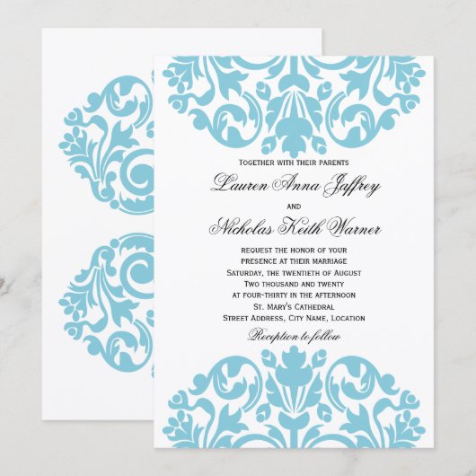 Blue Damask Wedding Einladung (Vorne/Hinten)