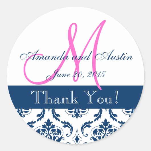 Blue Damask Wedding Favor Sticker (Vorderseite)