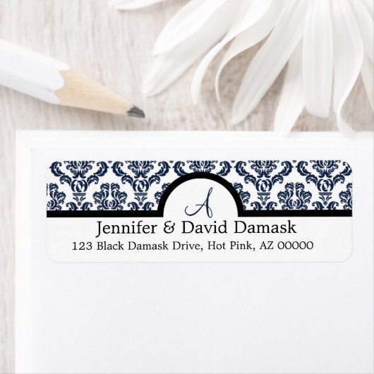 Blue Damask Wedding Monogram Address Labels (Insitu)
