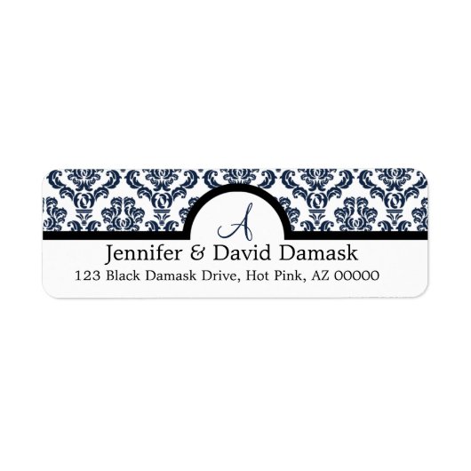 Blue Damask Wedding Monogram Address Labels (Vorne)
