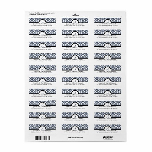 Blue Damask Wedding Monogram Address Labels (Vorne)