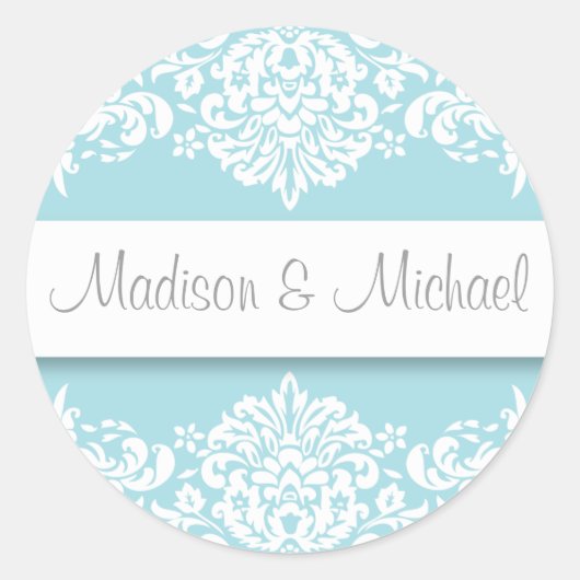Blue Damask Wedding Stickers (Vorderseite)
