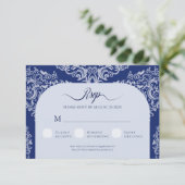 Blue Damask Wedding UAWG Response Card RSVP Karte (Stehend Vorderseite)