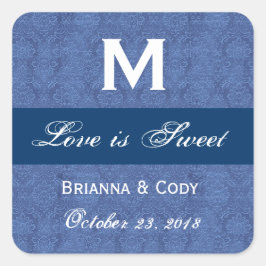 Blue Damask WeddingMonogram Quadratischer Aufkleber