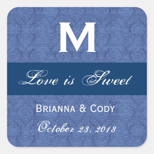 Blue Damask WeddingMonogram Quadratischer Aufkleber (Vorderseite)