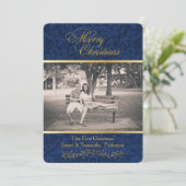 Blue Damask Weihnachtsfotokarte Feiertagskarte (Stehend Vorderseite)