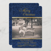 Blue Damask Weihnachtsfotokarte Feiertagskarte (Vorne/Hinten)