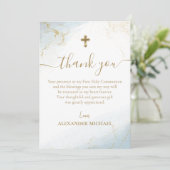 Blue Danke, Gold Cross Boy Erste Heilige Kommune Dankeskarte (Stehend Vorderseite)