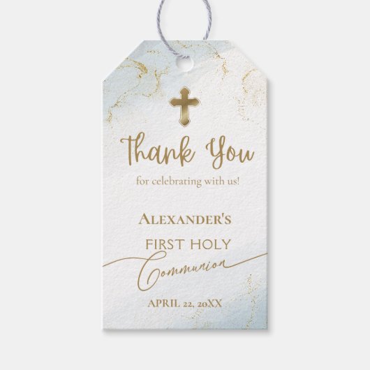 Blue Danke, Gold Cross Boy Erste Heilige Kommune Geschenkanhänger (Vorderseite)