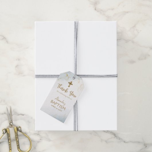 Blue Danke, Gold Cross Boy Taufe Geschenkanhänger (Mit Garn)