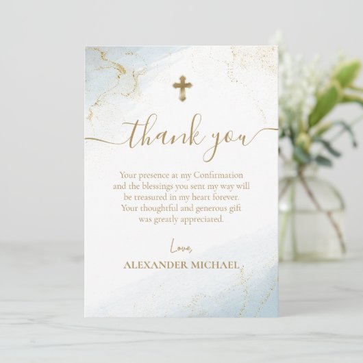 Blue Dankeschön Gold Cross Boy Bestätigung Dankeskarte (Stehend Vorderseite)