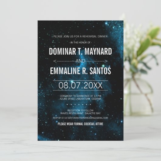 Blue Dark Galaxy Hochzeit Probe Dinner Einladung (Stehend Vorderseite)