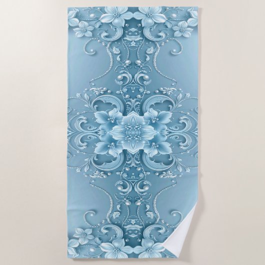 Blue Decorative Floral Beach Towel Strandtuch (Vorderseite)