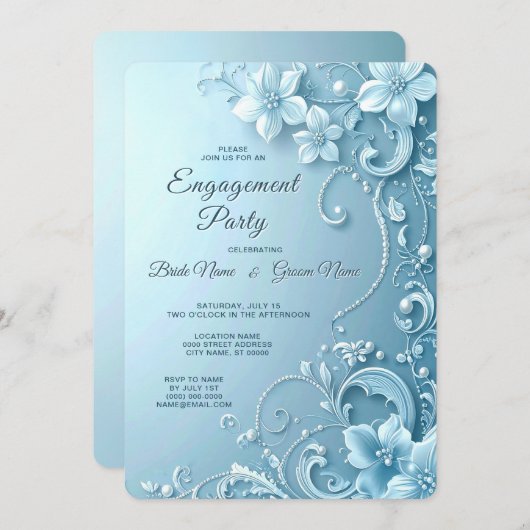 Blue Decorative Floral Engagement Invitation Einladung (Vorne/Hinten)