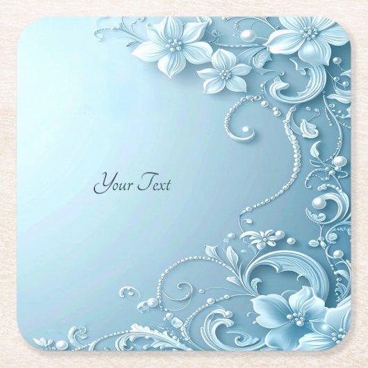 Blue Decorative Floral Paper Coaster Rechteckiger Pappuntersetzer (Vorderseite)